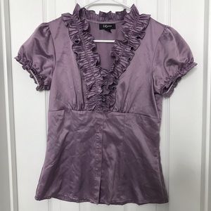 Iz Byer Purple Satin Ruched Neckline Shirt Blouse